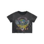 Vintage black Saint Vanity 1984 graphic t-shirt with a rock concert style eagle and globe print on the front