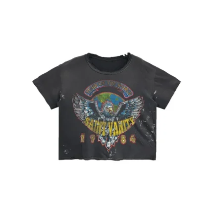 Vintage black Saint Vanity 1984 graphic t-shirt with a rock concert style eagle and globe print on the front