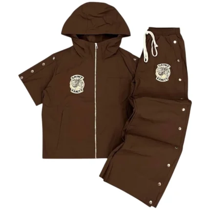 Saint Vanity brown hooded tracksuit set featuring a jacket with side snaps and matching snap-button lounge pants.