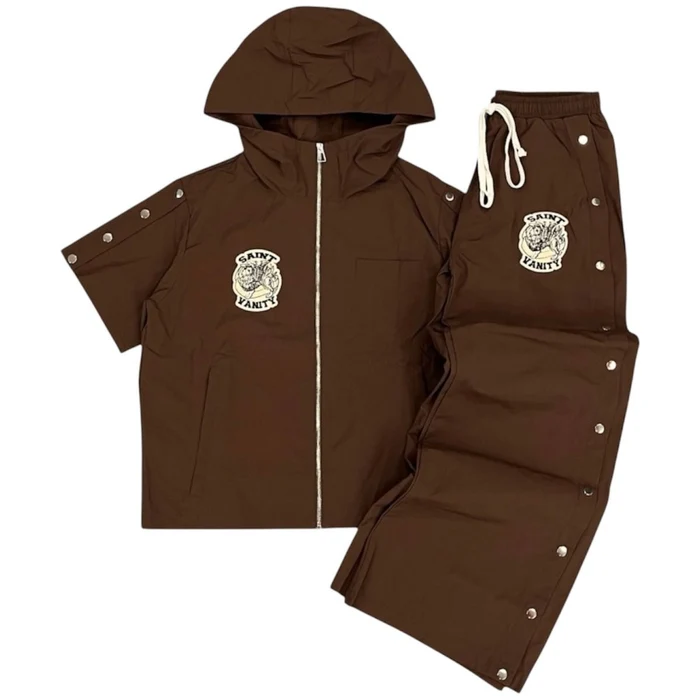 Saint Vanity brown hooded tracksuit set featuring a jacket with side snaps and matching snap-button lounge pants.